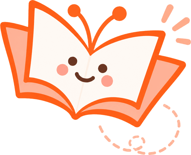 WordStoria의 마스코트 토리: 웃는 얼굴로 날아다니는 책 나비